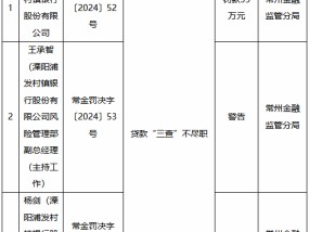 溧阳浦发村镇银行因贷款“三查”不尽职被罚35万元